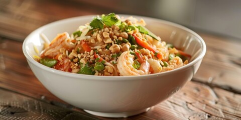 Shrimp Pad Thai with Peanuts and Vegetables Served in a White Bowl on a Wooden Surface