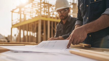 close-up shot of an architect and foreman analyzing construction plans on-site, with a partially built structure in the background, emphasizing the practical application of enginee