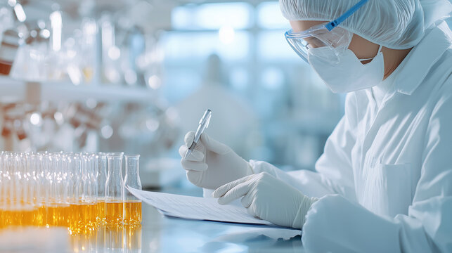 close-up of a quality control specialist inspecting biomanufactured products, with a checklist in hand, showcasing the critical role of GMP compliance in ensuring product safety an