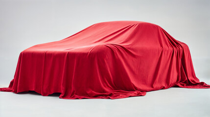 Red draped cloth hiding a sport car on white backdrop