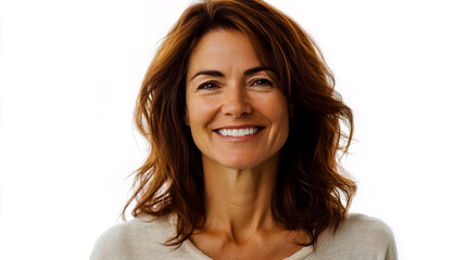 Naklejka premium Caucasian adult woman smiling, isolated on a white background. She has a warm, friendly expression and a genuine, engaging smile.