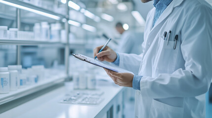 close-up of a quality control specialist inspecting biomanufactured products, with a checklist in hand, showcasing the critical role of GMP compliance in ensuring product safety an