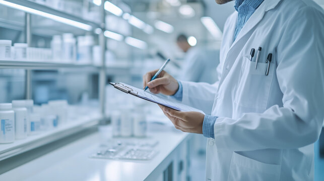 close-up of a quality control specialist inspecting biomanufactured products, with a checklist in hand, showcasing the critical role of GMP compliance in ensuring product safety an