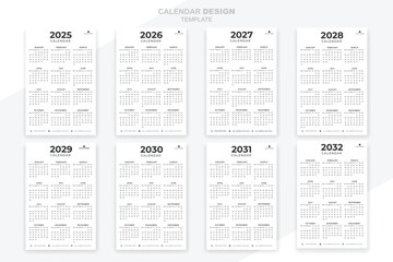 Calendar 2025, 2026, 2027,2028,2029, 2030, 2031, 2032 set collection simple design template