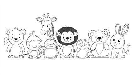 Obraz premium Coloring book page featuring a group of 8 different cute animals in a simple line art style.