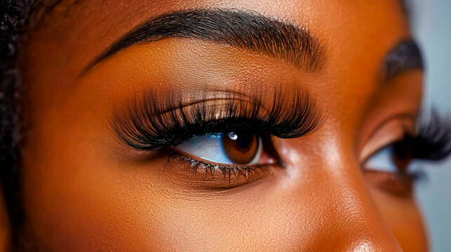 Close-up of a woman of color with dark skin and brown eyes, showcasing dramatic mega volume lash extensions.