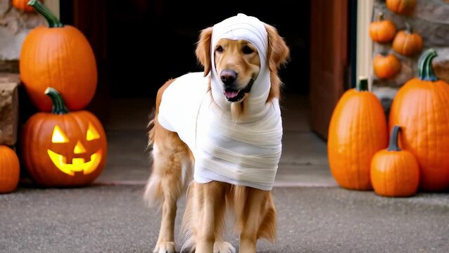 Happy Golden Retriever dog wrapped as mummy in white bandages Halloween costume standing at pumpkin patch entrance jack o lantern
