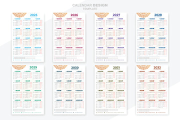 Calendar 2025, 2026, 2027,2028,2029, 2030, 2031, 2032 set with mandala modern creative design template