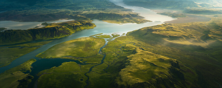 Aerial view of beautiful green landscape with a meandering river outdoors in nature in Iceland