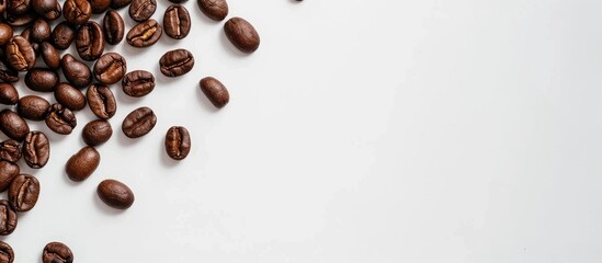 Obraz premium Roasted Brown Coffee Beans Scattered On White Table With A Lot Copy Space For Text Flat Lay Composition Close Up Top View Background