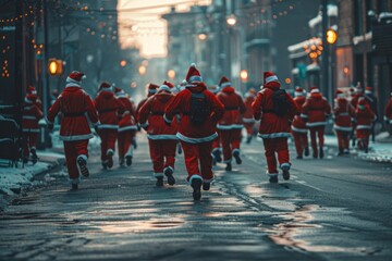 A large group of individuals in Santa suits running through a snow-covered street on a cold winter day