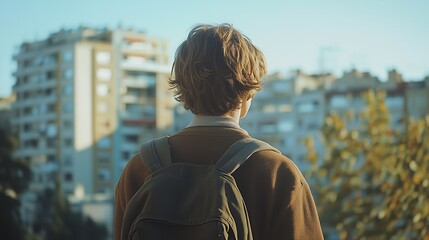 Fototapeta premium A young man wearing a brown jacket and backpack is standing in front of a tall building. Concept of solitude and contemplation, as the man looks out over the city