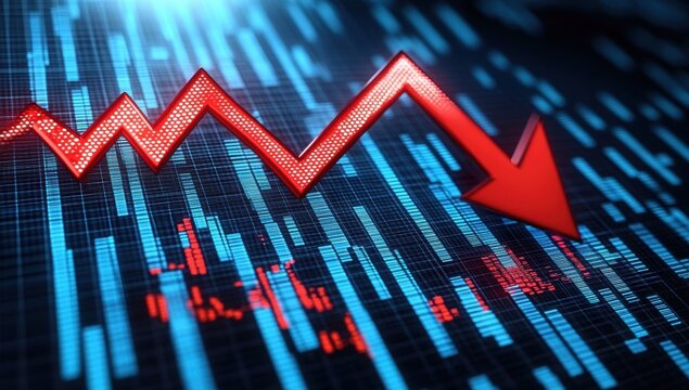 A red arrow plummeting downwards on a stark white background, surrounded by falling stocks and graphs, conveying a sense of financial decline and market downturn