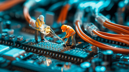 Miniature IT support services. workers repairing internet connection