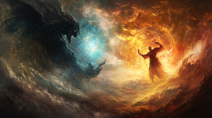 A dramatic portrayal of a demon battling a group of heroes in a crumbling ancient ruins.