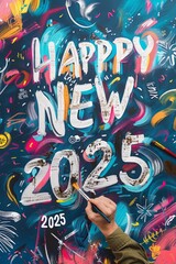 Vibrant hand-painted New Year celebration artwork showcasing Happy New Year 2025 with colorful background and festive design elements