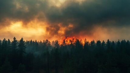 Obraz premium Countryside forest with cloudy sky covered by fire smoke during the evening