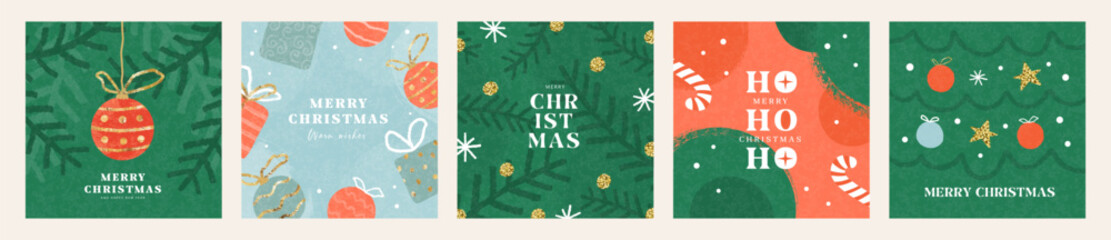 Set of Merry Christmas and Happy New Year greeting cards. Modern trendy design with hand drawn illustrations of Christmas tree, fir branches, Christmas decorations, gift boxes and glitter. Xmas design