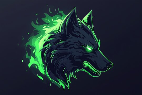 Green Flame Wolf Head Logo Design,  Esport Gaming Mascot