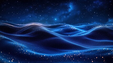 A deep, mysterious depiction of midnight blue sand dunes flowing elegantly under a dark, tranquil sky.