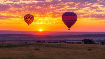 Obraz premium Air balloons during sunrise above Masai Mara in Kenya. 