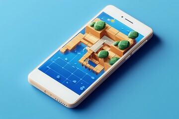 Smartphone with isometric 3D landscape on the screen,  Digital art, mobile technology, game design, and app development