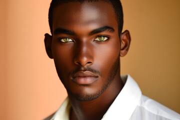 Obraz premium A young man shows off his captivating green eyes while dressed in a white shirt; warm tones enhance his striking features