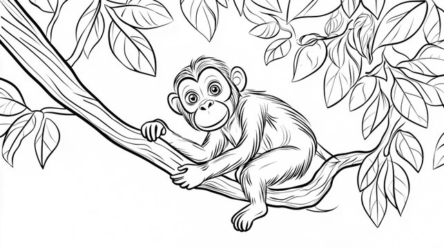 A playful monkey hanging from a tree branch, designed as a children's coloring book illustration.