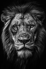 Portrait of a scarred lion king, looking directly at the camera.
