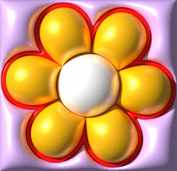 Decorative element in the form of a flower with yellow petals and a white center on a purple background. The flower has a three-dimensional appearance, 3D rendering illustration