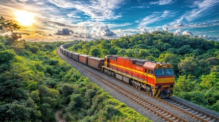 Obraz premium Freight train on a winding track through lush green forest at sunset