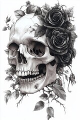 Fototapeta premium A japanese Skull with black roses art pattern drawing. 