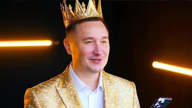 man in a bussines sute and a crown on the head, holding a smartphone and laughs, golden neon lights, light wrinkles, detailed pores, natural skin,