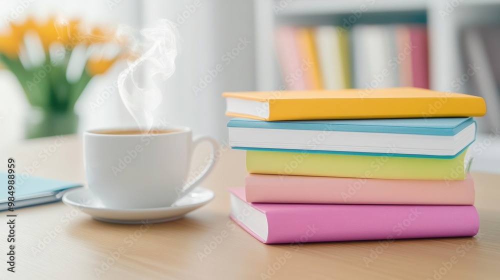 Poster A stack of books with a cup and steam coming out, AI