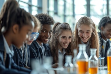 A diverse group of high school students conducts an experiment in a bright classroom during a science class activity