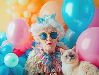 A light-colored cat with blue eyes sits calmly in front of colorful balloons, next to a old lady in a vibrant costume with a star-shaped headpiece.