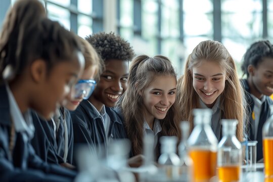 A diverse group of high school students conducts an experiment in a bright classroom during a science class activity