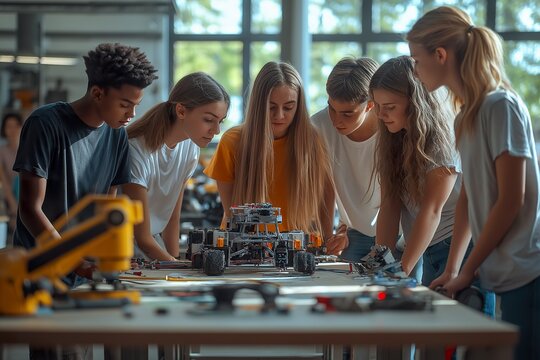 A diverse group of teenagers collaborates on building a robotics project in a bright workshop during the afternoon