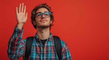 Naklejka premium on the right side male student on a single colour background raching his hand. fisheye
