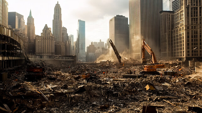 Aftermath of the 9/11 destruction, showcasing the devastation and response in the immediate vicinity.