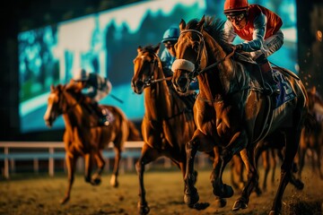 Obraz premium Thrilling horses thunder down the track, illuminated by dynamic visuals, as riders push for victory in a night race.