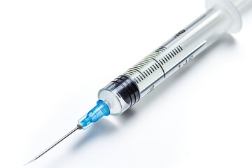 Fototapeta premium Syringe with a needle resting on a clean white background, highlighting its precision for medical use or laboratory activities