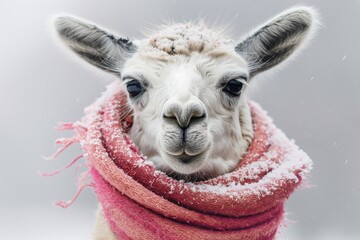 Fototapeta premium A llama with a pink scarf, looking adorable with snowflakes on its fur in a snowy winter background.