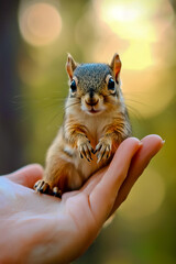 A small squirrel sitting on top of a person's hand.