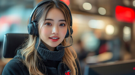 Smiling young asian woman in headset working as a call center agent