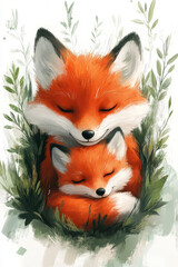 Fototapeta premium A cute fox mom and her baby, cuddling in their cozy nest together.