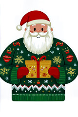 Christmas sweater featuring Santa Claus holding a gift box.