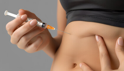 woman putting a hormonal injection in her stomach with pen syringe on a grey background. The use of lipolytics in cosmetology. Preparations for figure correction. Insulin injections for diabetes