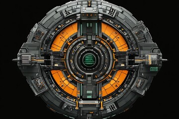 Naklejka premium Futuristic Sci Fi Circular Spacecraft Door with Glowing Panels and Technology Details