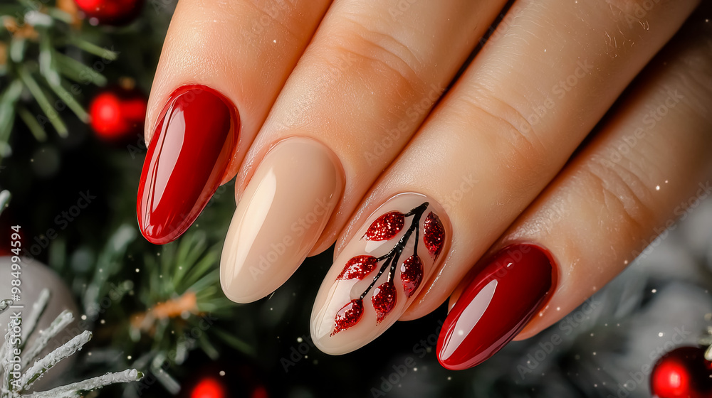 Wall mural close-up of natural nails painted with simple christmas style gel polish.